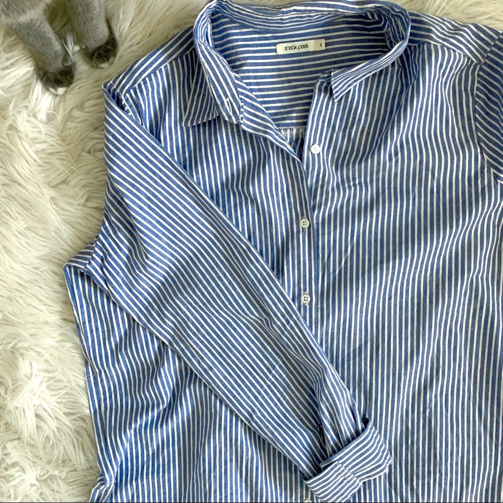 White & Blue Striped Button Down High Low Shirt